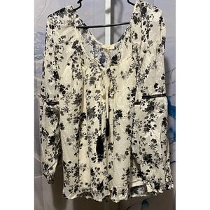 Easel Los Angeles 2X Cream Black Floral Long Sleeve Tassel Tie Blouse‎ Boho Chic